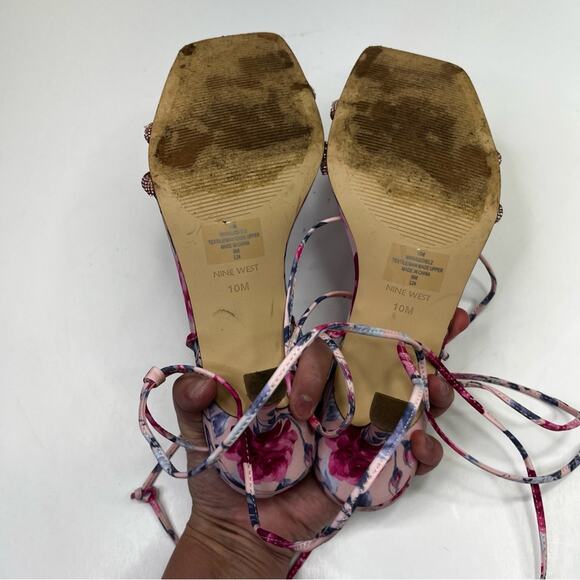 Nine West Raqchel Embellished Lace Up heels pink mystic garden print - 10 - Picture 10 of 13